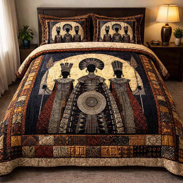 Sacred Tribal Emperors quilted 3-piece bedding set on a made bed in a softly lit bedroom