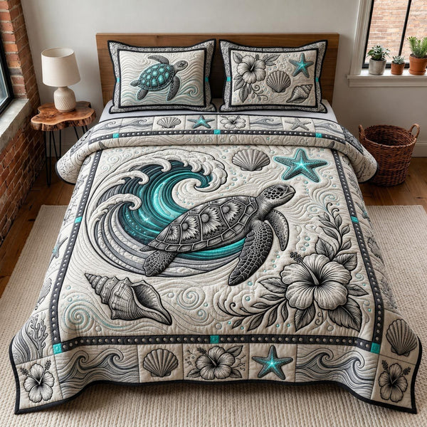 Sacred Turtle quilted 3-piece bedding set on a made bed in a softly lit bedroom