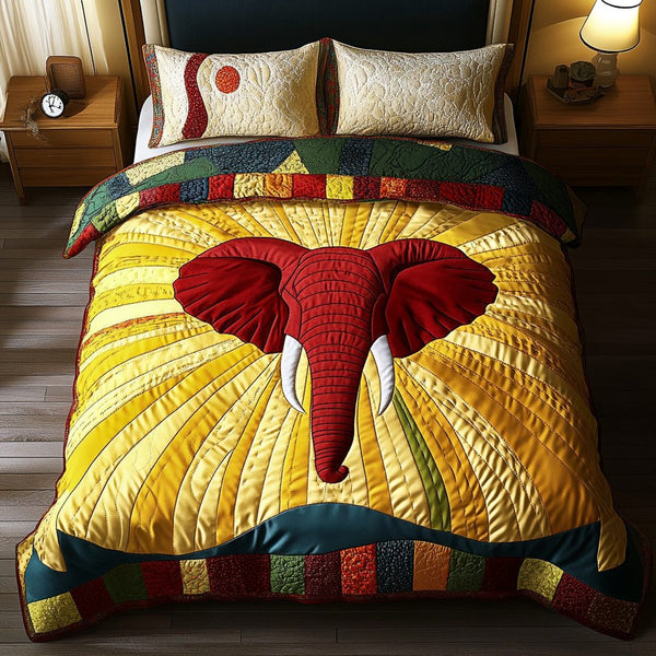 Sacred Tusk quilted 3-piece bedding set on a made bed in a softly lit bedroom