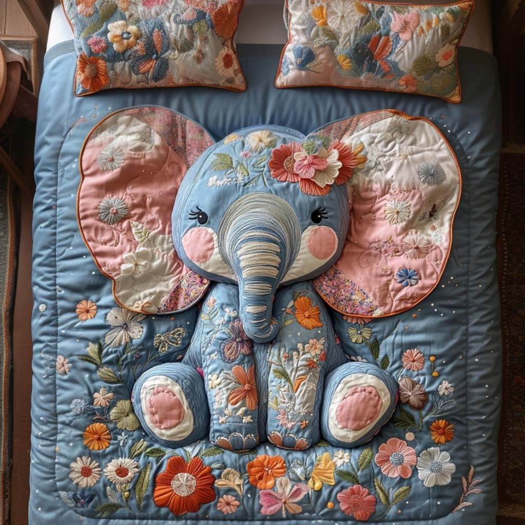 Sacred Tusks quilted 3-piece bedding set on a made bed in a softly lit bedroom