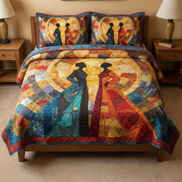 Sacred Union quilted 3-piece bedding set on a made bed in a warmly lit bedroom