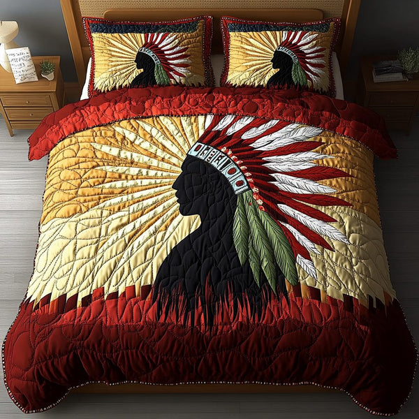 Sacred Vision quilted 3-piece bedding set on a made bed in a softly lit bedroom