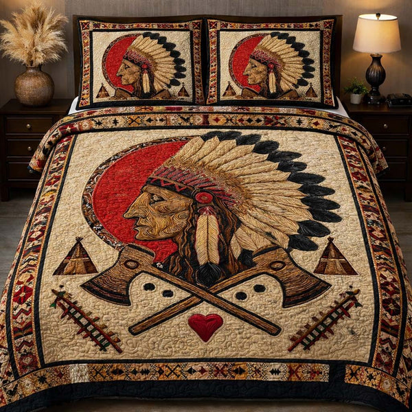 Sacred Warrior Spirit quilted 3-piece bedding set on a made bed in a softly lit bedroom