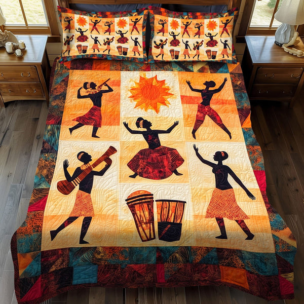 Sacred Warriors quilted 3-piece bedding set on a made bed in a softly lit bedroom