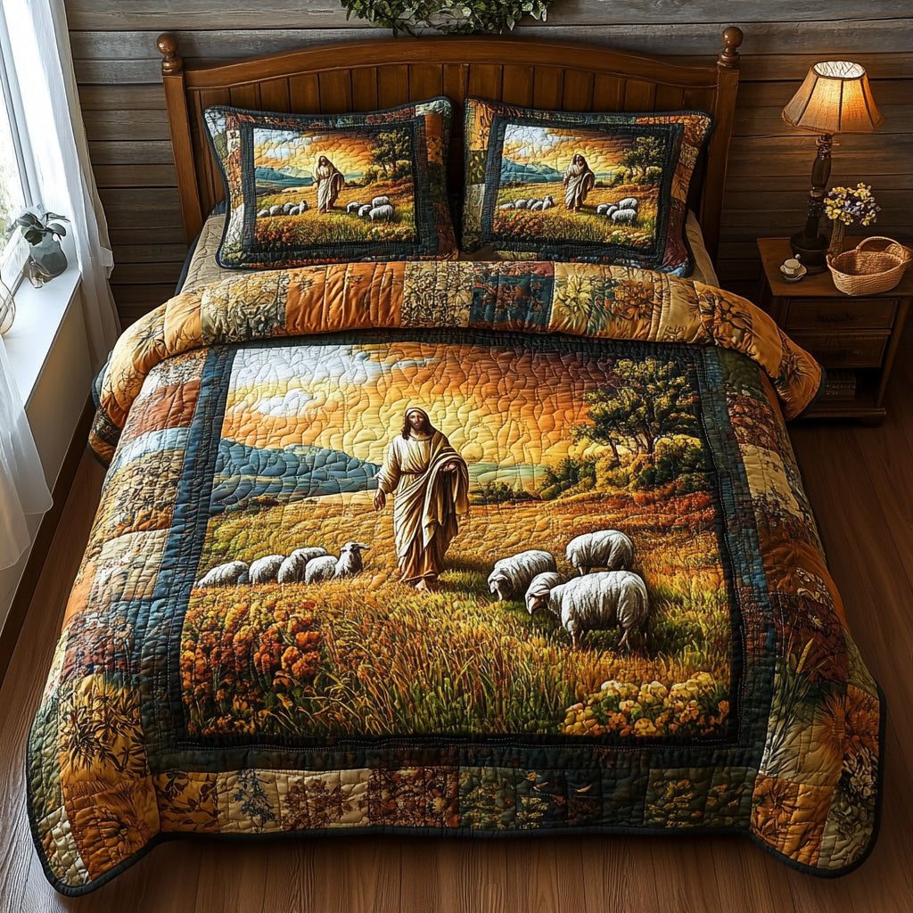 Sacred Watch quilted 3-piece bedding set on a made bed in a softly lit bedroom