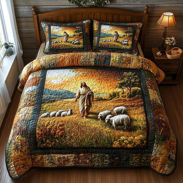 Sacred Watch quilted 3-piece bedding set on a made bed in a softly lit bedroom