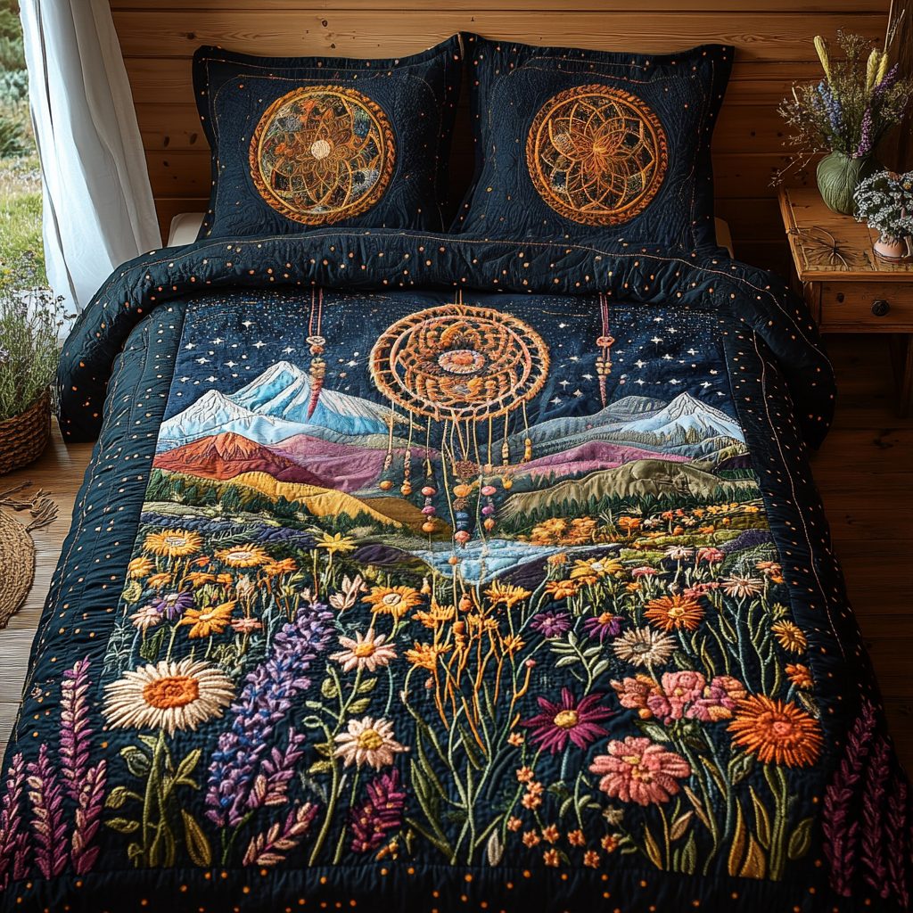 Sacred Web quilted 3-piece bedding set on a made bed in a softly lit bedroom