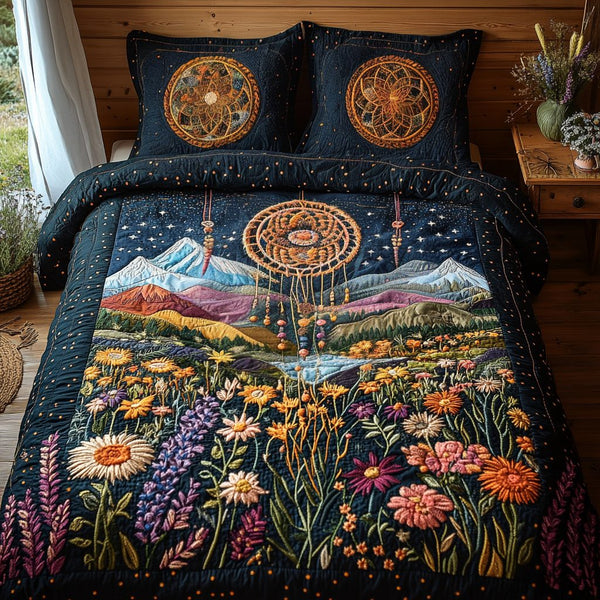 Sacred Web quilted 3-piece bedding set on a made bed in a softly lit bedroom