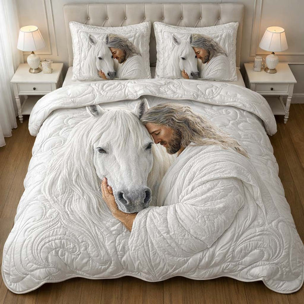 Sacred White Horse quilted 3-piece bedding set on a made bed in a softly lit bedroom