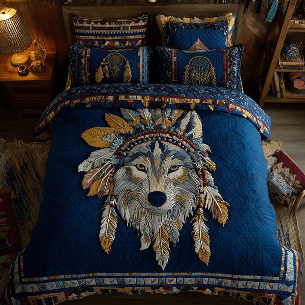 Sacred Wolf Dreams quilted 3-piece bedding set on a made bed in a softly lit bedroom