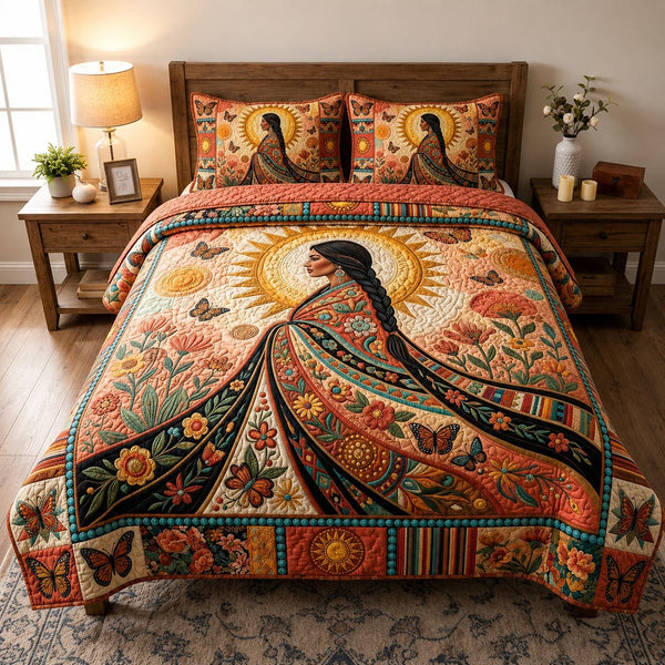 Sacred Woman quilted 3-piece bedding set on a made bed in a softly lit bedroom