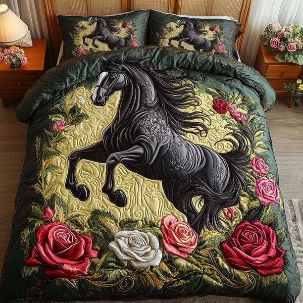 Saddle Bloom quilted 3-piece bedding set on a made bed in a rustic timber bedroom