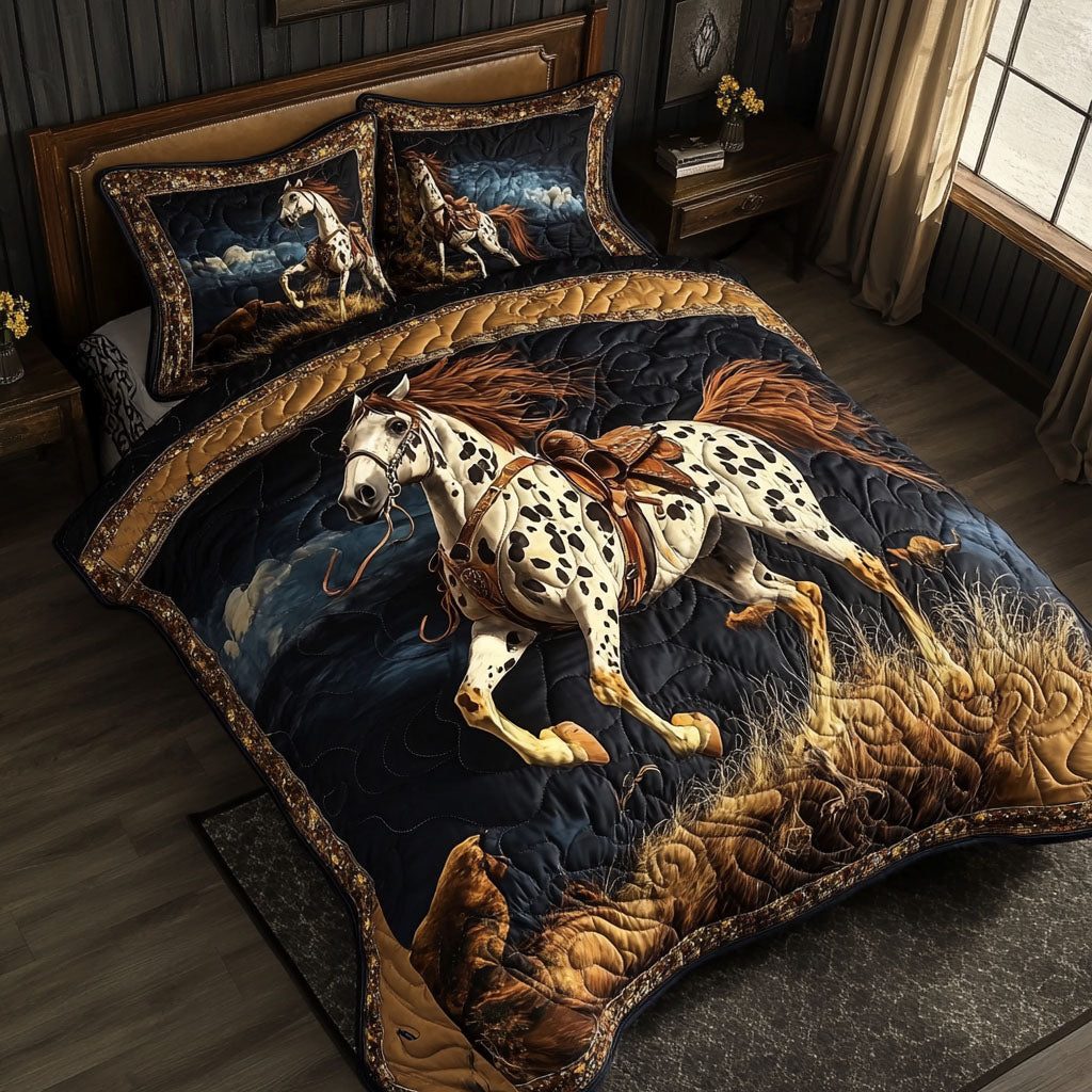 Saddle Freedom quilted 3-piece bedding set on a made bed in a warmly lit bedroom