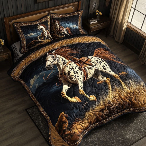 Saddle Freedom quilted 3-piece bedding set on a made bed in a warmly lit bedroom