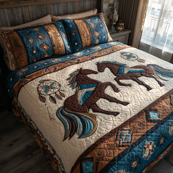 Saddle Moon quilted 3-piece bedding set on a made bed in a rustic timber bedroom