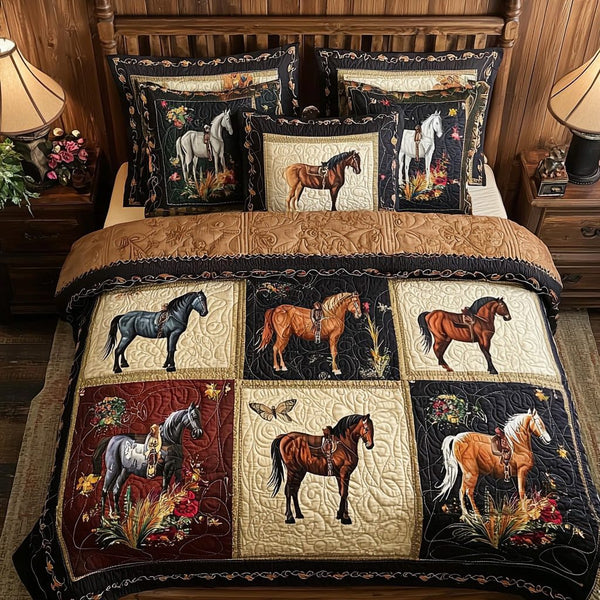 Saddle Skies quilted 3-piece bedding set on a made bed in a rustic timber bedroom