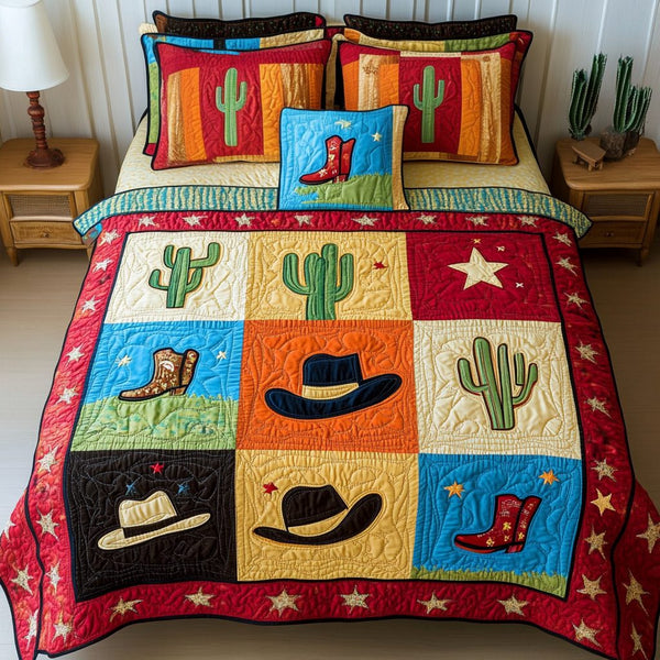 Saddle Spirit quilted 3-piece bedding set on a made bed in a rustic timber bedroom