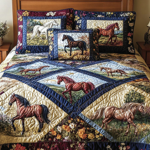 Saddle Spirit quilted 3-piece bedding set on a made bed in a rustic timber bedroom