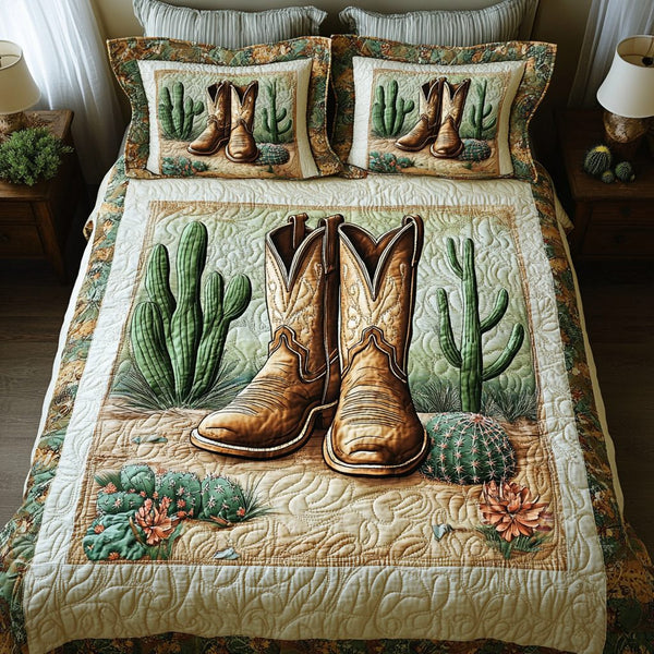 Saddle Up quilted 3-piece bedding set on a made bed in a rustic timber bedroom