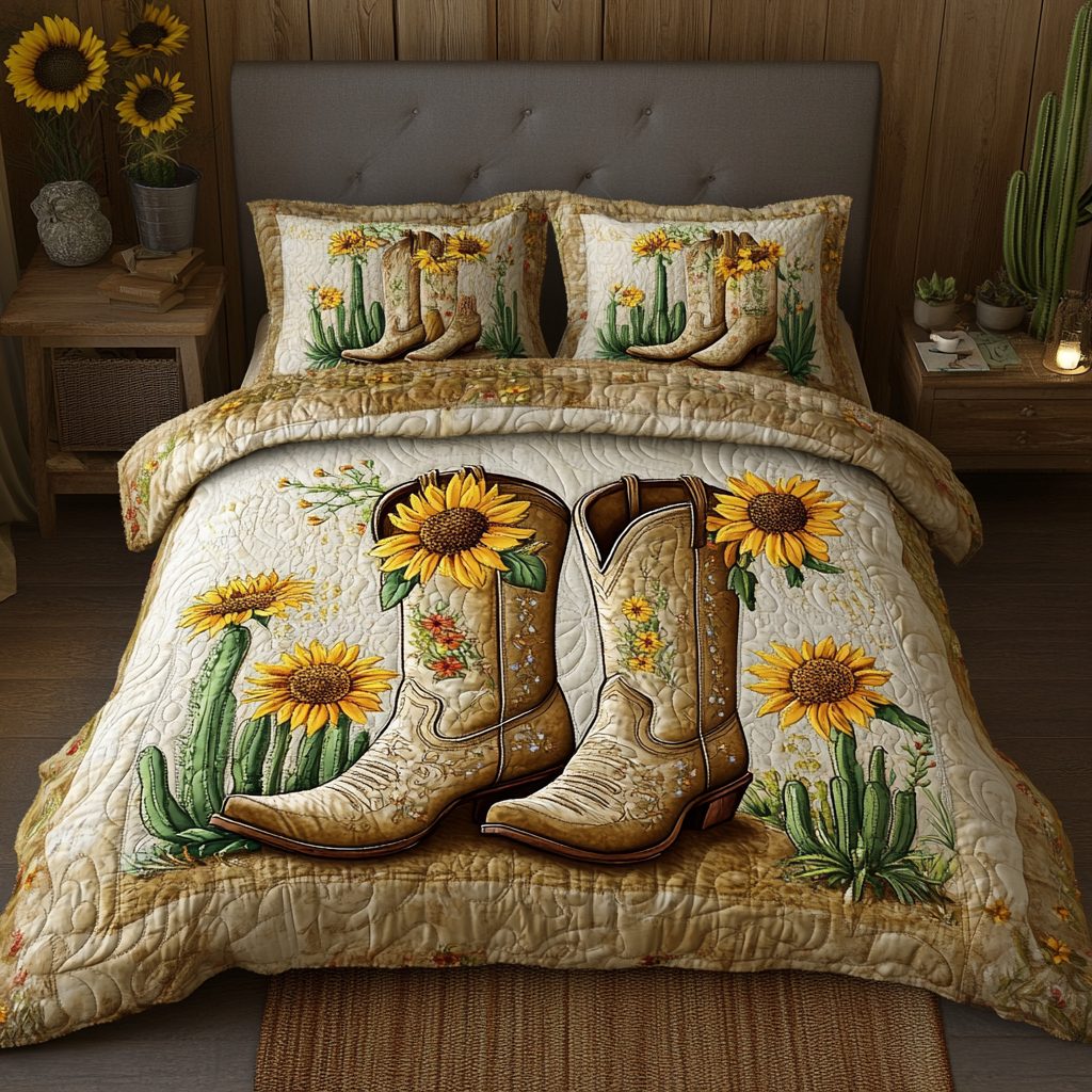 Saddle Up quilted 3-piece bedding set on a made bed in a rustic timber bedroom