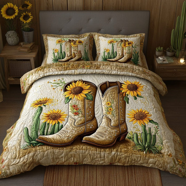 Saddle Up quilted 3-piece bedding set on a made bed in a rustic timber bedroom