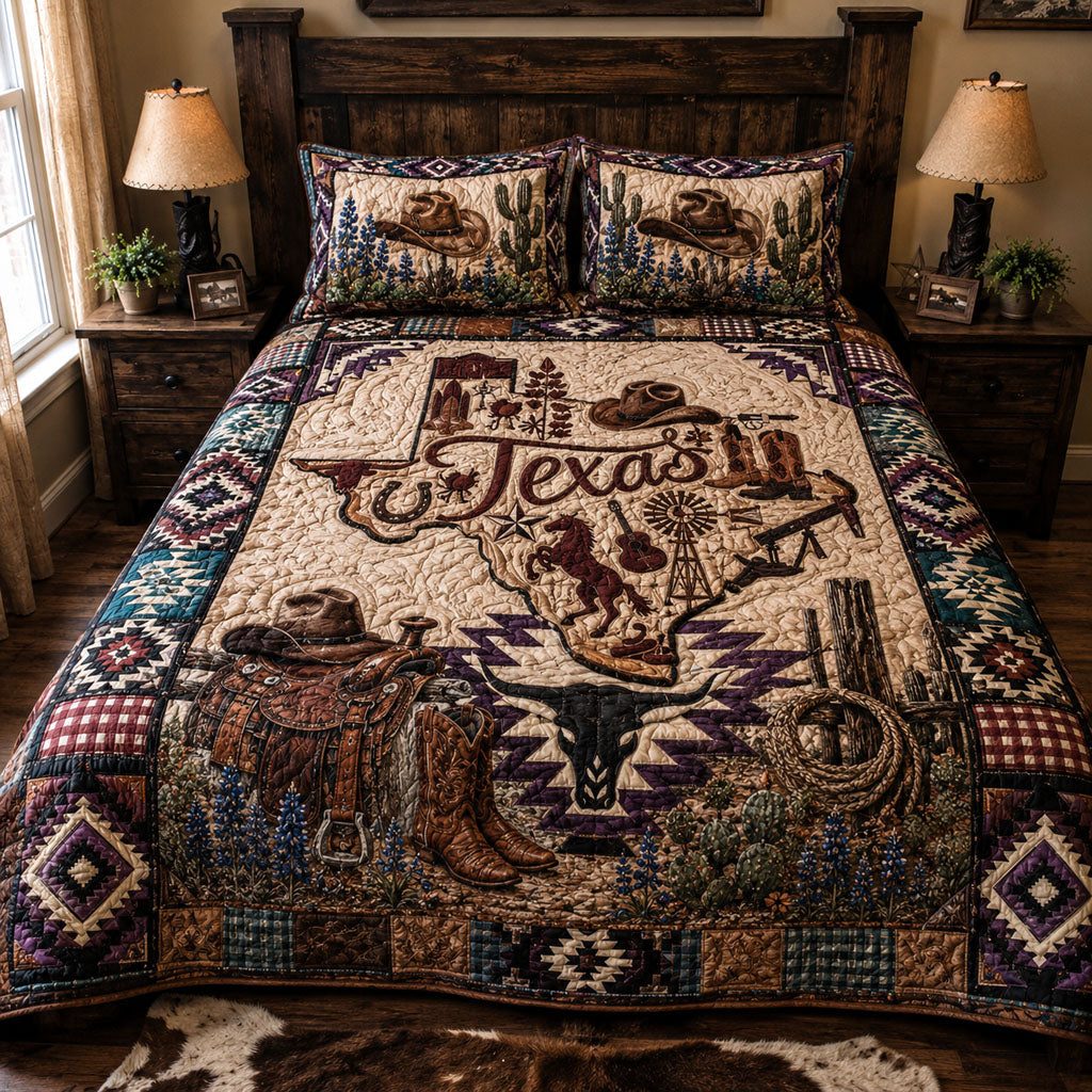Saddle Up Texas quilted 3-piece bedding set on a made bed in a rustic timber bedroom