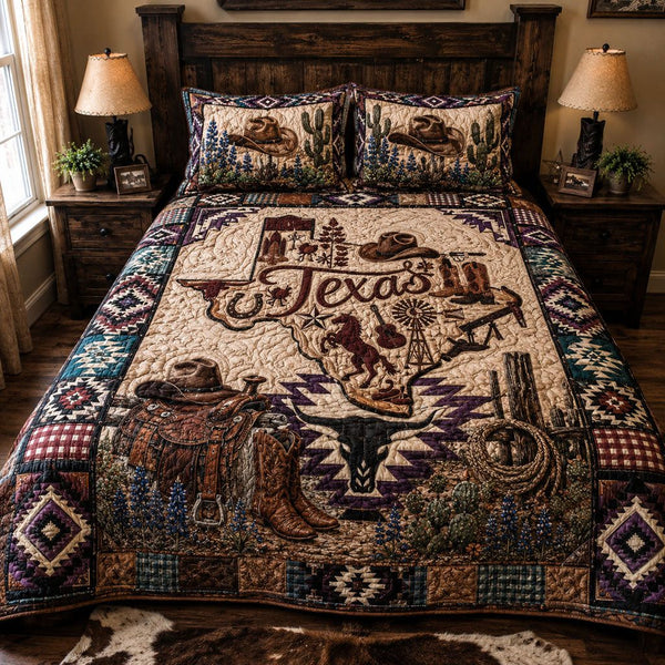 Saddle Up Texas quilted 3-piece bedding set on a made bed in a rustic timber bedroom