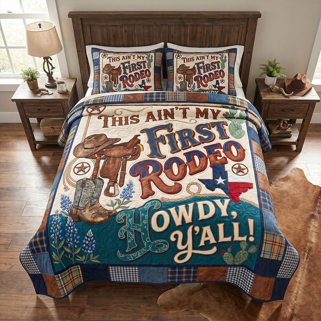 Saddleback Springs quilted 3-piece bedding set on a made bed in a rustic timber bedroom