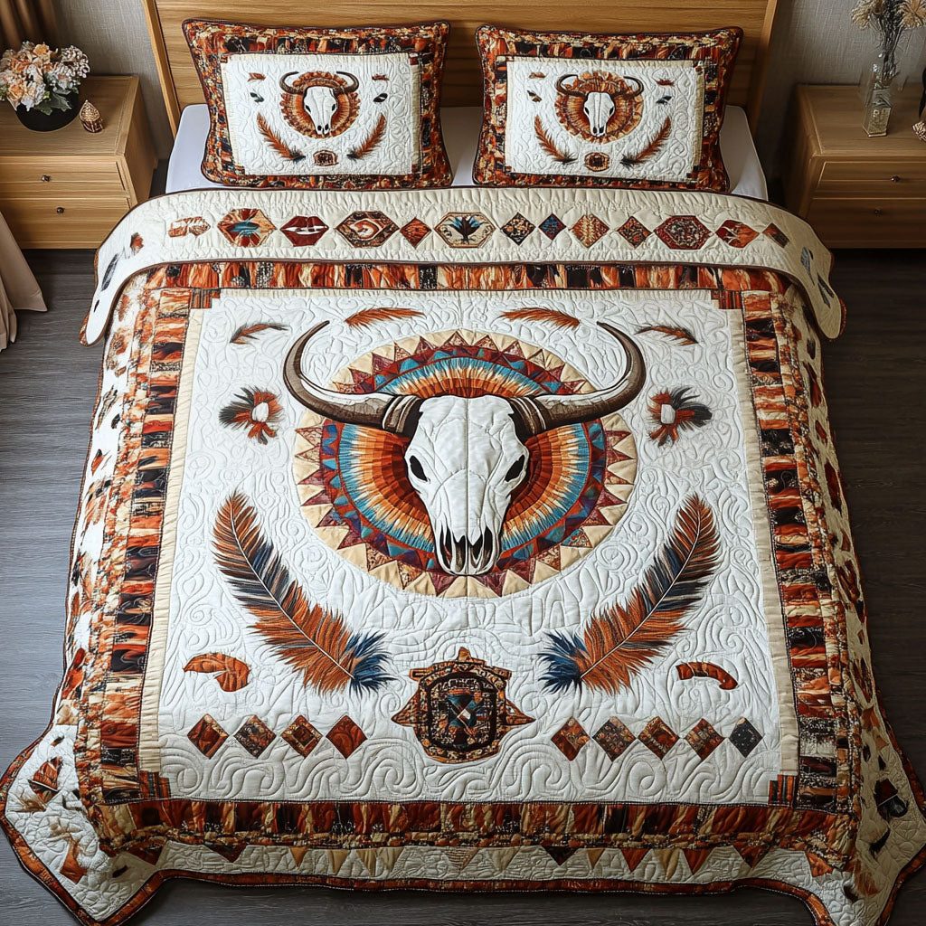 Saddleback Trail quilted 3-piece bedding set on a made bed in a rustic timber bedroom