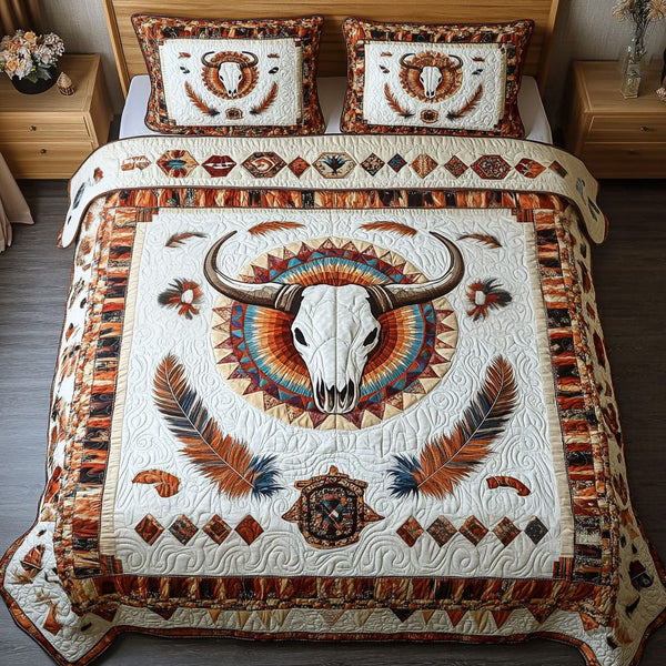 Saddleback Trail quilted 3-piece bedding set on a made bed in a rustic timber bedroom