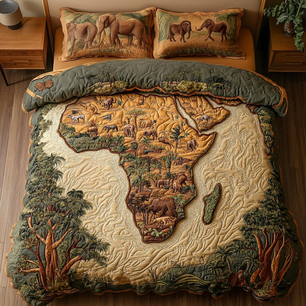 Safari Bliss quilted 3-piece bedding set on a made bed with two matching pillow shams
