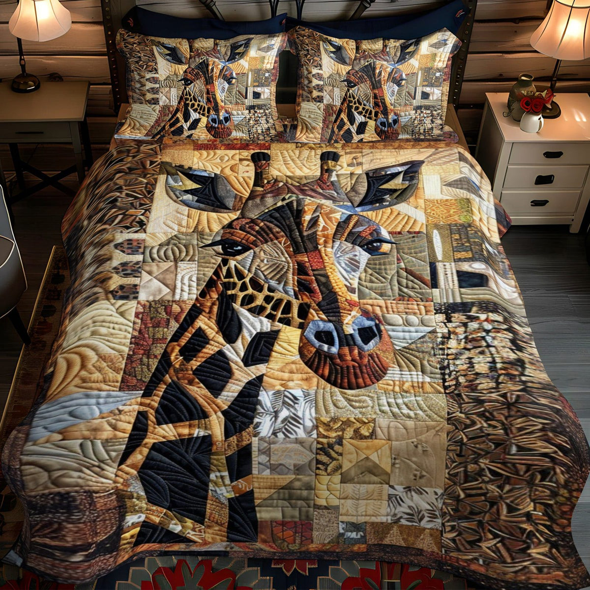 Safari Giraffe quilted 3-piece bedding set on a made bed with two matching pillow shams