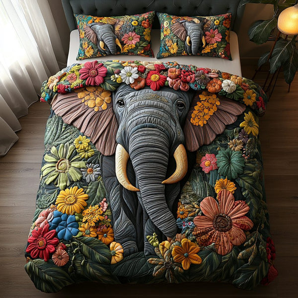 Safari Grace quilted 3-piece bedding set on a made bed with two matching pillow shams