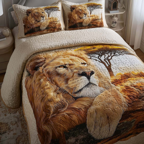 Safari Lion quilted 3-piece bedding set on a made bed with two matching pillow shams