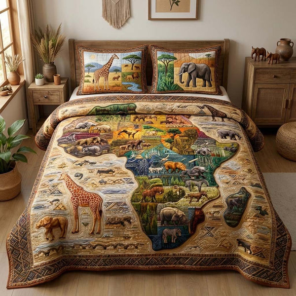 Safari Mosaic quilted 3-piece bedding set on a made bed with two matching pillow shams