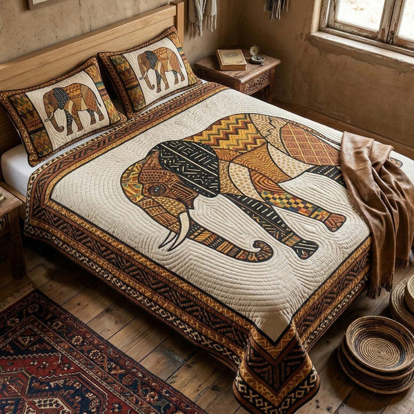 Safari Patch quilted 3-piece bedding set on a made bed with two matching pillow shams