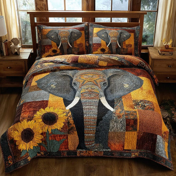 Safari Patchwork quilted 3-piece bedding set on a made bed in a farmhouse bedroom