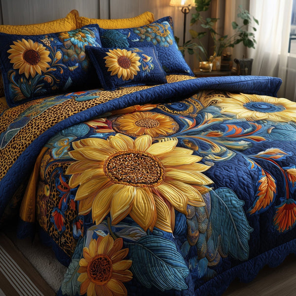 Safari Sunflower quilted 3-piece bedding set on a made bed with two matching pillow shams