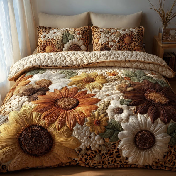 Safari Sunflower quilted 3-piece bedding set on a made bed with two matching pillow shams