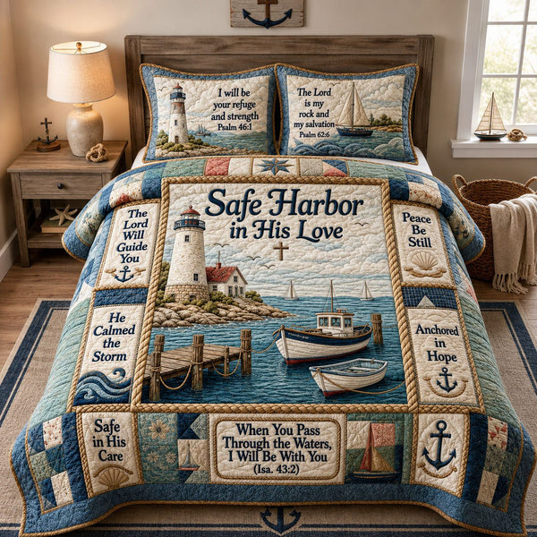 Safe Harbor quilted 3-piece bedding set on a made bed in a light coastal bedroom
