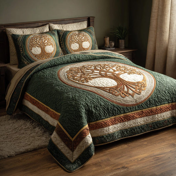 Sage Circle quilted 3-piece bedding set on a made bed with two matching pillow shams