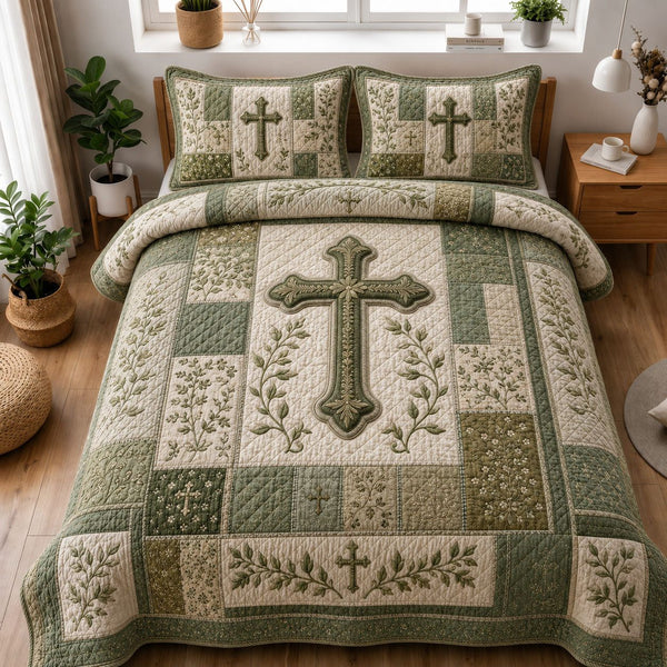 Sage Green Botanical Cross Christian quilted 3-piece bedding set on a made bed in a softly lit bedroom