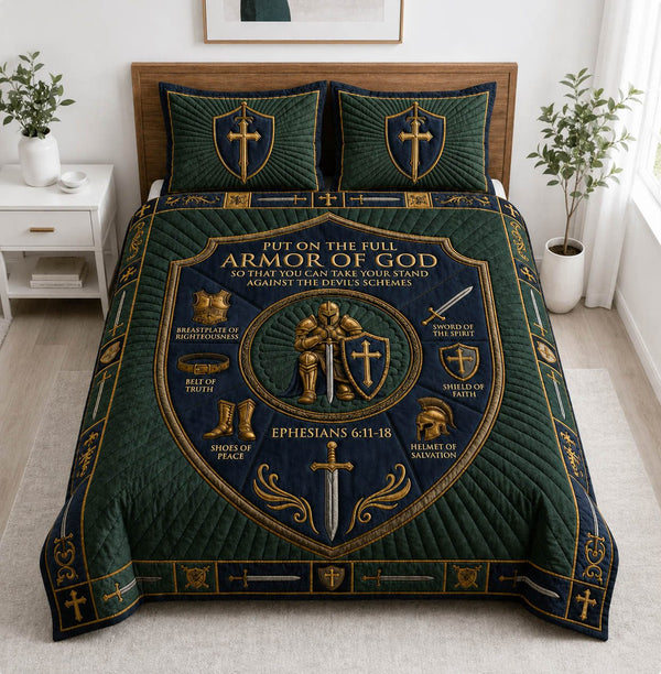 Sage Green Navy Armor Of God quilted 3-piece bedding set on a made bed in a warmly lit bedroom