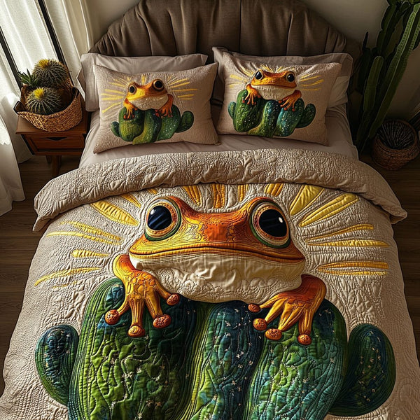 Sagebrush Hopper quilted 3-piece bedding set on a made bed with two matching pillow shams