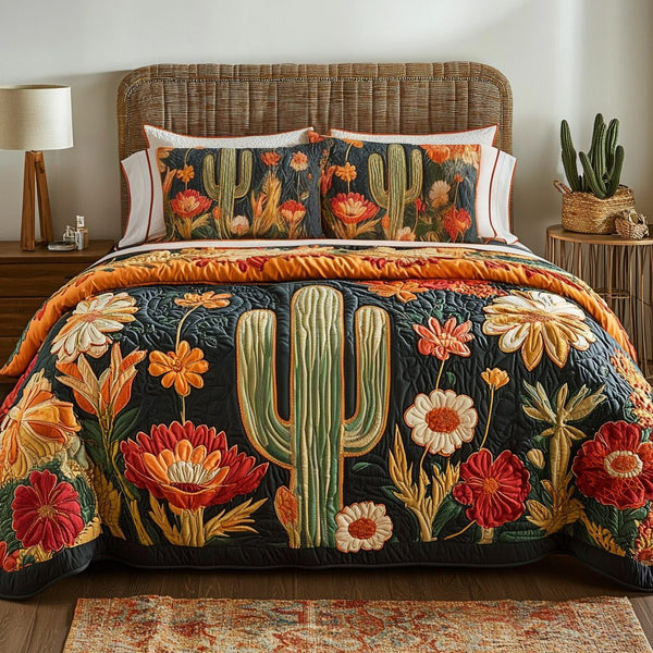 Saguaro Bloom quilted 3-piece bedding set on a made bed with two matching pillow shams