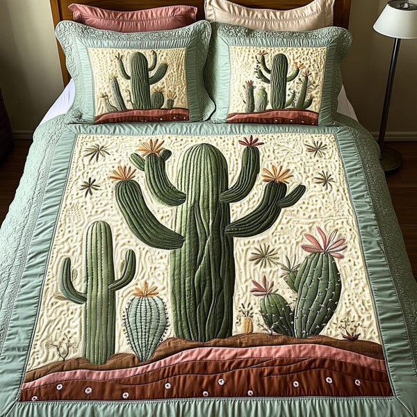 Saguaro Delight quilted 3-piece bedding set on a made bed with two matching pillow shams
