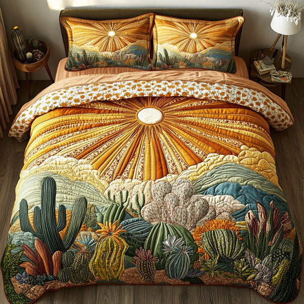 Saguaro Dreams quilted 3-piece bedding set on a made bed with two matching pillow shams