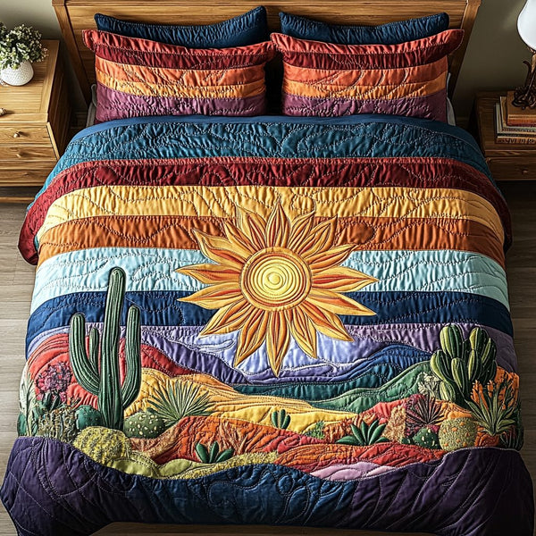 Saguaro Dreams quilted 3-piece bedding set on a made bed with two matching pillow shams