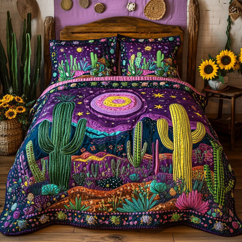Saguaro Glow quilted 3-piece bedding set on a made bed with two matching pillow shams