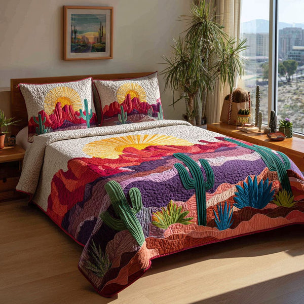 Saguaro Sky quilted 3-piece bedding set on a made bed with two matching pillow shams